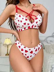 Beauwear Valentine's Day present Love Heart Pattern Bra Set for Girls Wireless Underwear for Women Lingerie Set