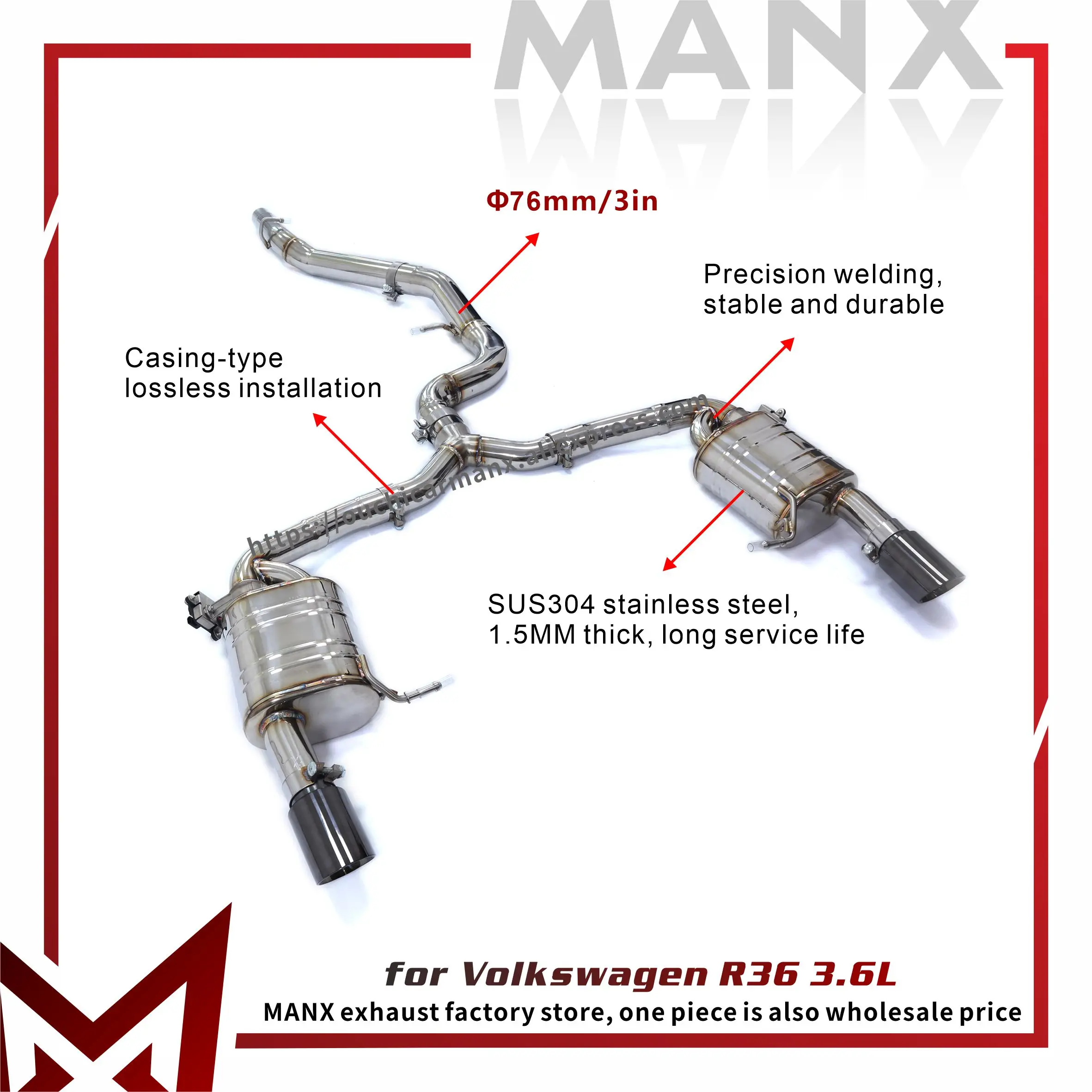 

MANX Catback for Volkswagen R36 3.6L SUS304 Exhaust system Non-destructive installation Electronic valves Increased power