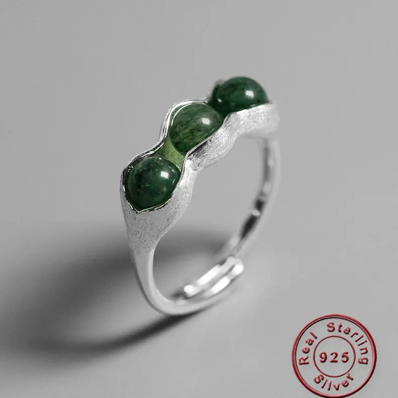 

Amxiu Creative Handmade Beans Pea Pods Design Ring Natural Olive Stone 925 Sterling Silver Open Rings