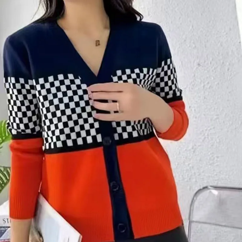 Jesień Zima Moda Szykowny Krótki Styl Dzianinowy Kardigan Kobiety Vintage Dojazdy Luźne Dzianiny Topy Plaid Swetry z dekoltem w szpic