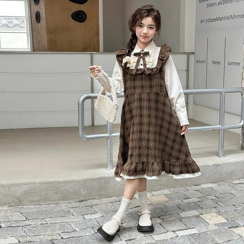 

Children Girls Dress Autumn Bowknot Plaid Patchwork Teenager Girls Princess Dress Turn Down Collar Long Sleeves Kids Girls Dress