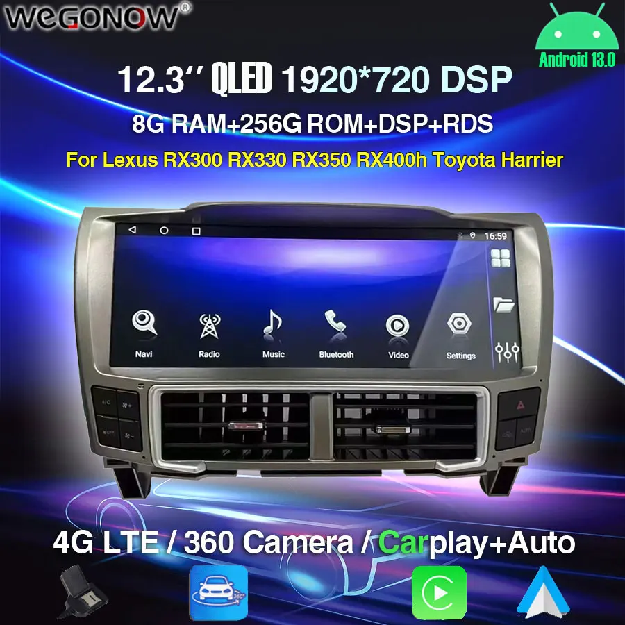 

1920*720 IPS 12,3 "Carplay 8G + 256G Android 13 Автомобильный DVD-плеер GPS Стерео Радио для Lexus RX300 RX330 RX350 RX400h Toyota Harrier