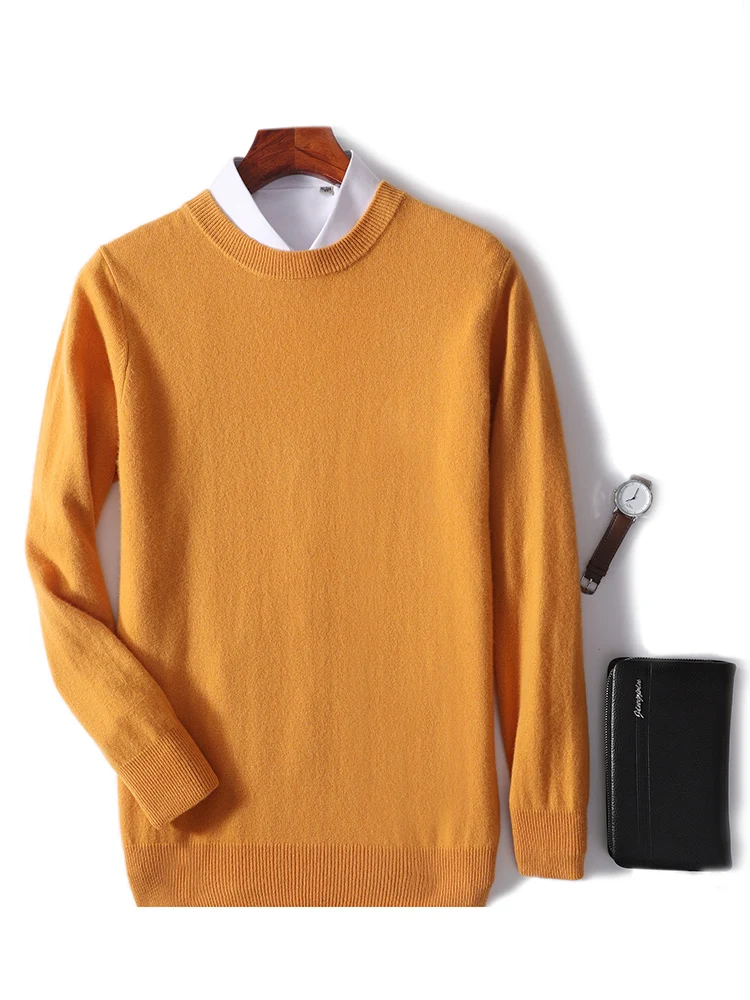 Merino Sweater wol pria, atasan Pullover kasmir leher O, tipis warna polos, musim gugur dan dingin 100%