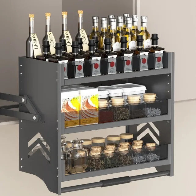 

Подъемная корзина для кухонного шкафа, трехслойная верхняя и нижняя демпфирующая буферная полка для приправ, выдвижная корзина для приправ