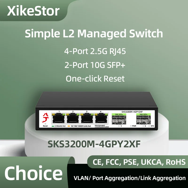 XikeStor Simple L2 Managed Switch 4-Port 2.5G RJ45 2-Port 10G SFP+ 2.5G Ethernet Switch Support LACP/VLAN/ Port Aggregation