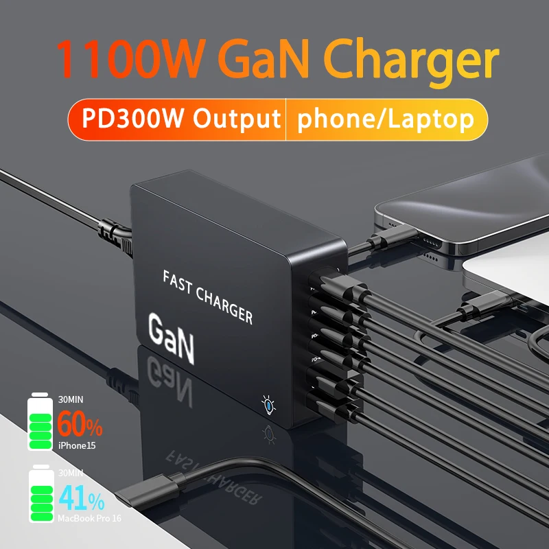 GaN شحن سريع سطح المكتب اللوحي 1100 واط 2 USB و 4 منافذ PD QC3.0 PPS محطة شحن للهواتف الذكية الوسادة المحمول للمنزل والمكتب