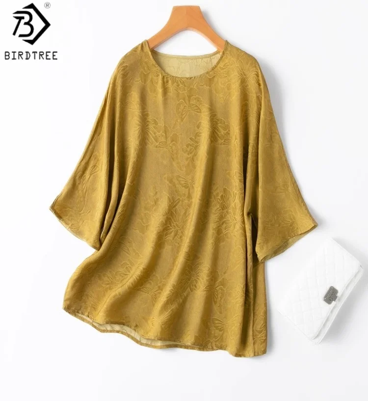 

Birdtree 100% Mulberry Silk Jacquard Blouse,Women Grass Dyeing Autumn Shirt,2025 O-neck Raglan Sleeve Pullover Tops T59617JF