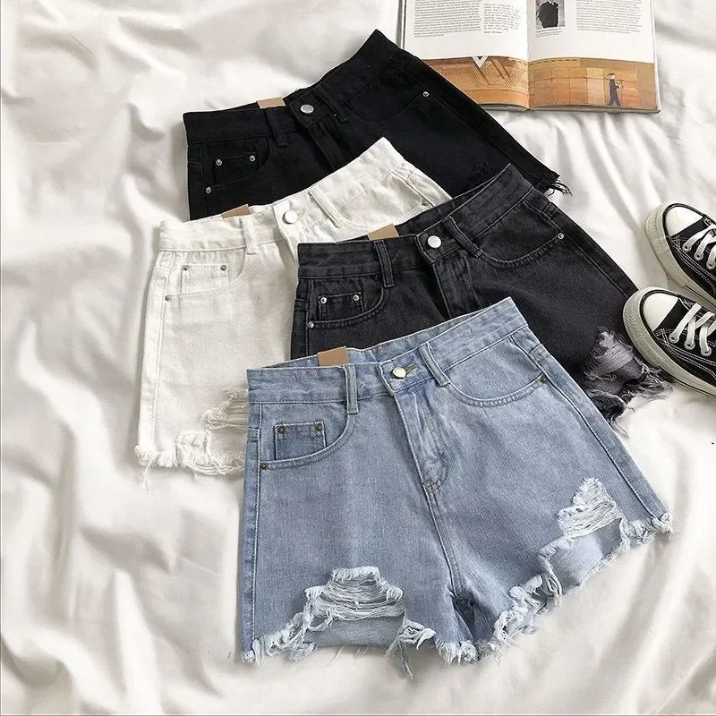 

Pop Shorts Women Summer Fashion Casual High Waist Ripped Jeans Pocket Tassel Y2K Hot Pants Streetwear Blue Trousers