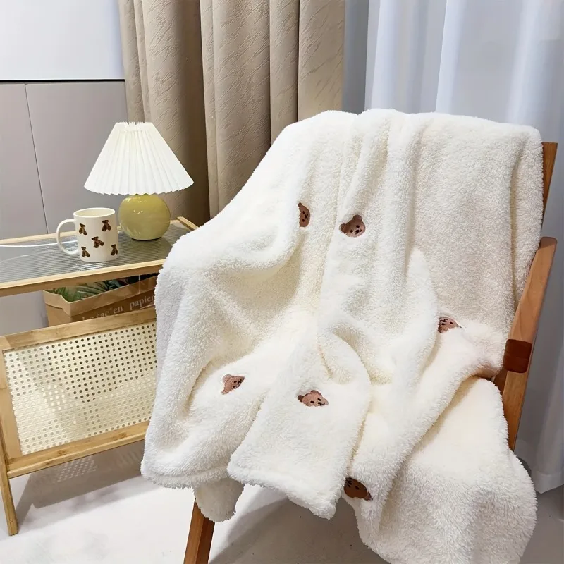 Soft Plush Bear and Rabbit Pattern Blanket Multi-Purpose Cozy Home Bedding Accessory Fluffy Warm Throw Blanket for Bed/Couch