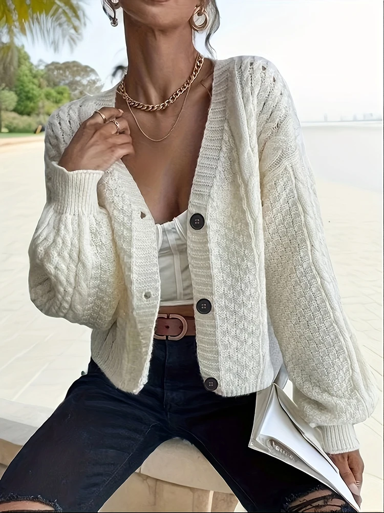 Autumn Winter white Ribbed Knit cardigan for women Clothes Single Breasted V Lapel Long Sleeve Knitted Buttons-up Sweater jumper