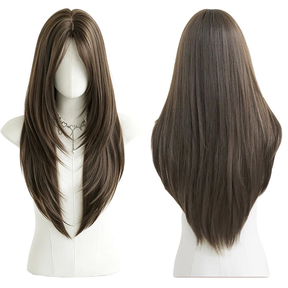 Long Straight Layered Wig Cool Brown Natural Looking Heat Resistant Synthetic Hair Glueless Soft For Women Daily Party Cosplay