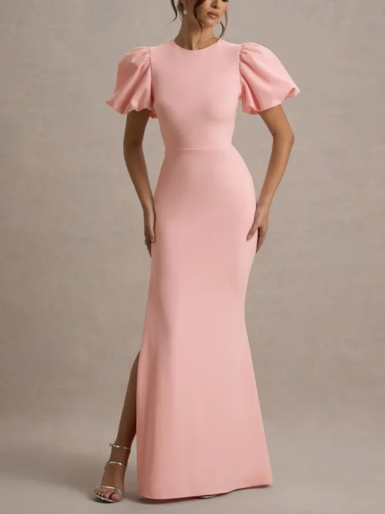 

Женское элегантное вечернее платье свободного кроя с разрезом, длинное, с пышными рукавами, для офиса, розовое, новая мода 2026