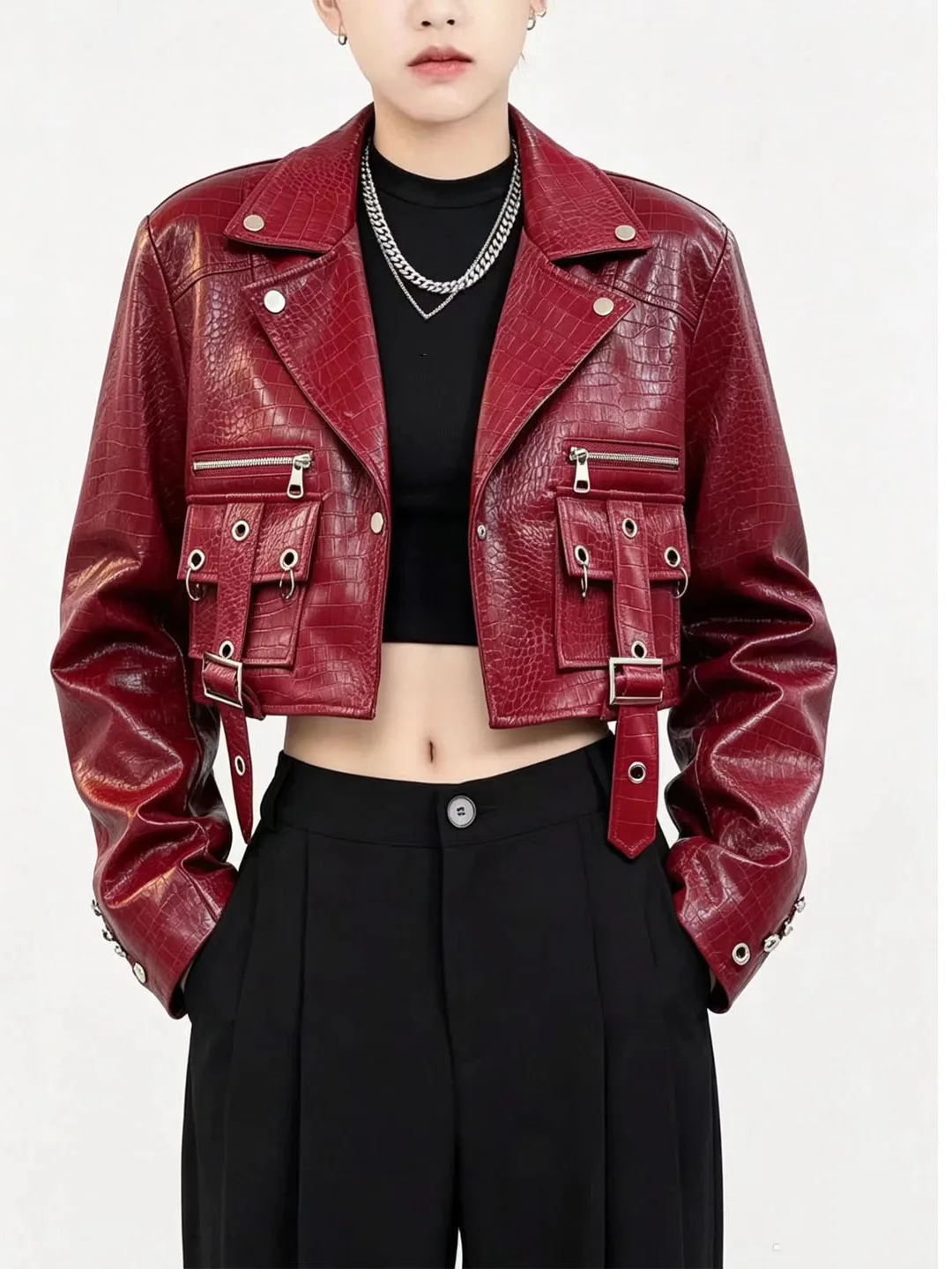 Retro American Red Leather Jacket Women's Short Casual Fashionable Top Zipper Closure PU Leather Biker Jacket for Autumn
