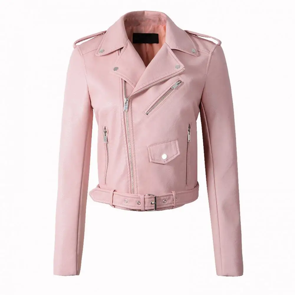 Women Jacket Faux Leather Cargo Overcoat Turn-down Collar Zip-up Zipper Rivet Decor Long Sleeves Motorcycle Coat Lady Outerwear