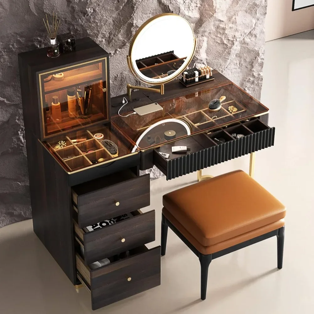 Premium Makeup Vanity Table with Stool,Very Easy to AssembleVanity,LED Lighted Mirror, Gold-Plated Stainless Steel Legs