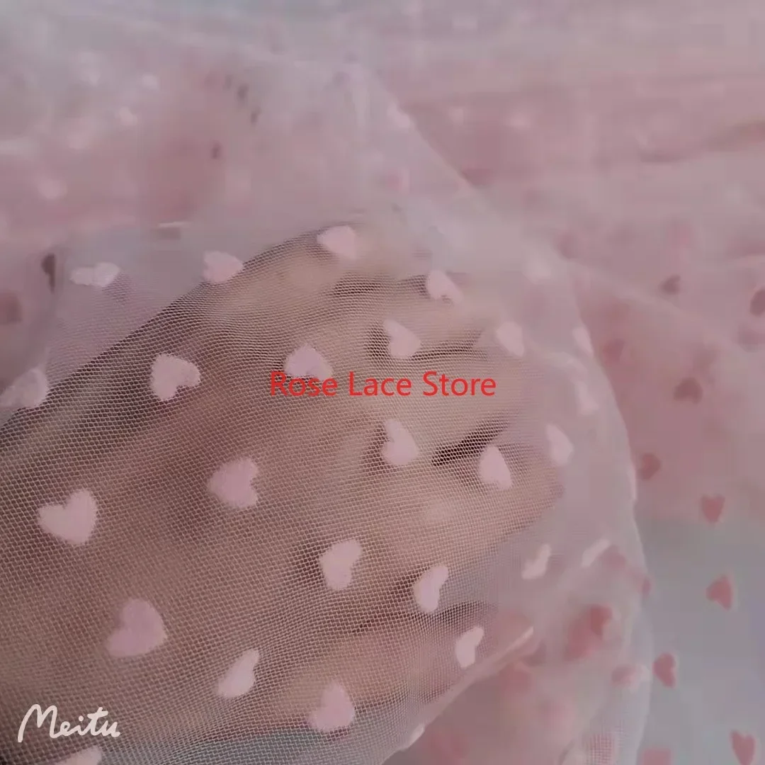 

Pink Flocked Heart Mesh Tulle Fabric for Bridal Dress Wedding dress Girls' Skirt Flocking Net Fabric
