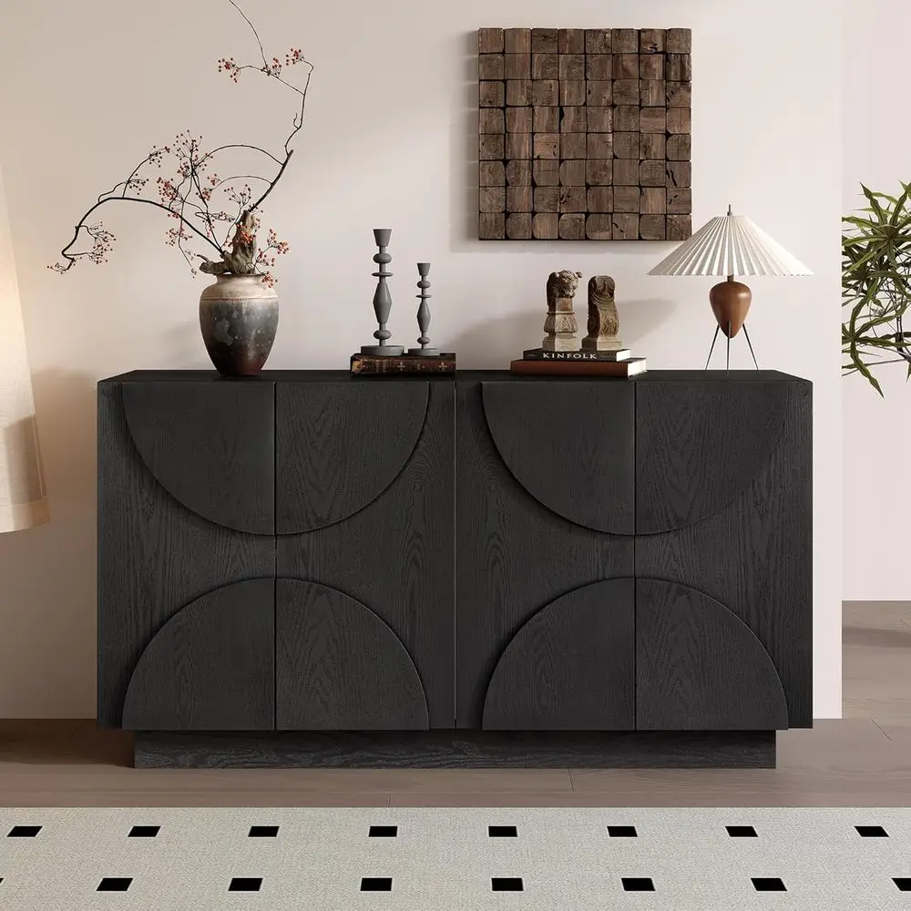 

56 Inch Sideboard Buffet Storage Cabinet with Solid Wood Veneer, Accent Craz with Cable Hole, Black