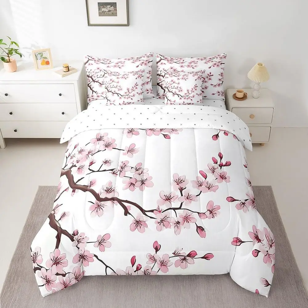 

Комплект постельного белья Queen Size из 7 предметов с узором «Вишневый цвет»: одеяло, простыни, наволочки и чехол для подушки