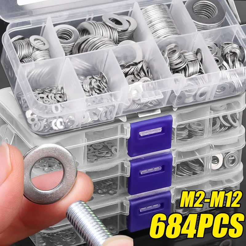 

Stainless Steel Washer M2-M12 Metal Screw Flat Washers Rings Assortment Kits for Sump Plugs Screws Bolts Home Fasteners Supplies