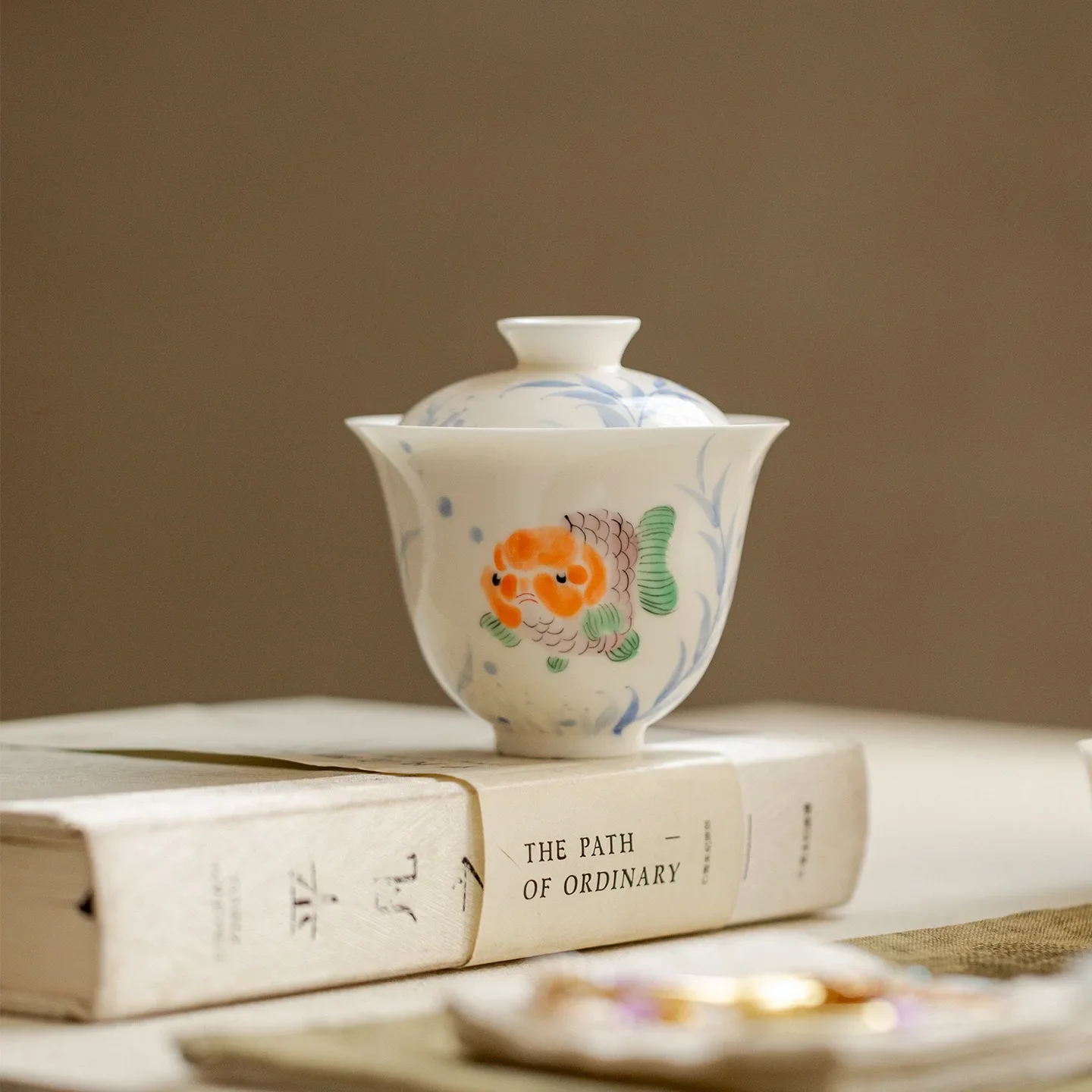 1PC Guofeng Hand-painted Jade Mud Fat Head Fish You Literati TeaSet Collection Household Kung Fu TeaSet Teapot Cover Bowl Teacup