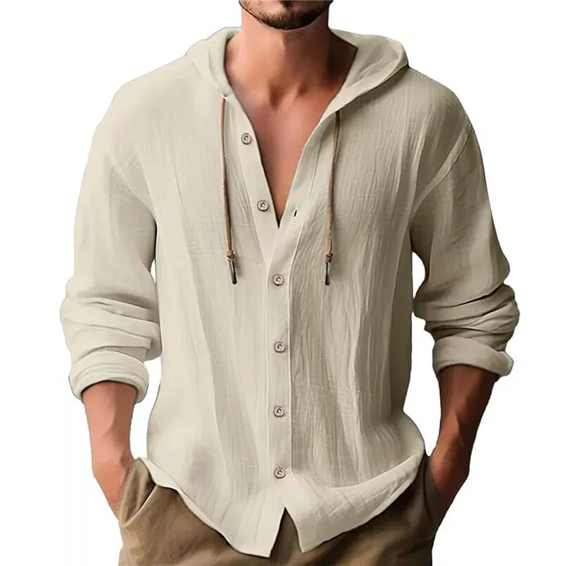 2025 Spring Autumn Men's Thin Jackets Casual Hooded Drawstring Cotton and Linen Outwear Man Solid Long Sleeve Button Shirt Coat