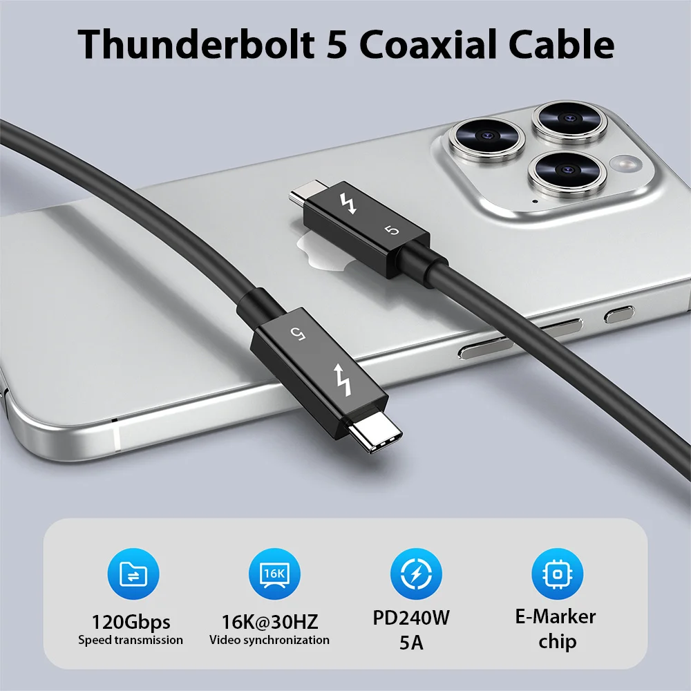 PD 240 واط نوع C Thunderbolt 5 كابل شحن سريع 120 جيجابايت في الثانية USB C كابل نقل عالي السرعة HD 16K كابل فيديو كامل الوظائف