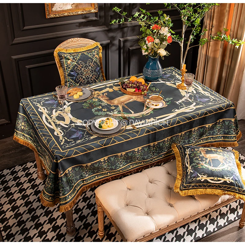 DAVINRICH American Style Deer Print Tablecloth Luxurious Velvet Rectangular Table Cover 140x230cm For Dining Room Kitchen Decor