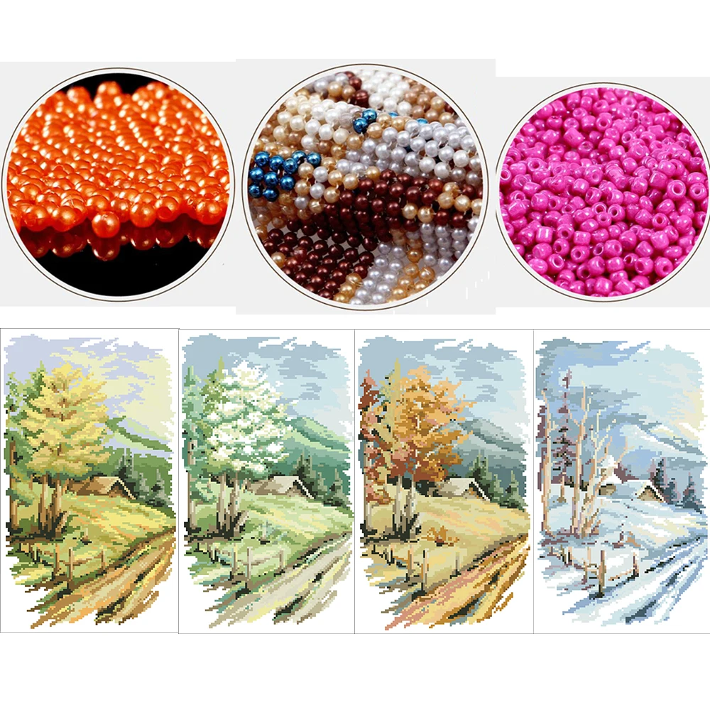 Diy bead embroidery kits beadwork circuits crafts handmade cross stitch with beads printed cotton canvas Stitch four season