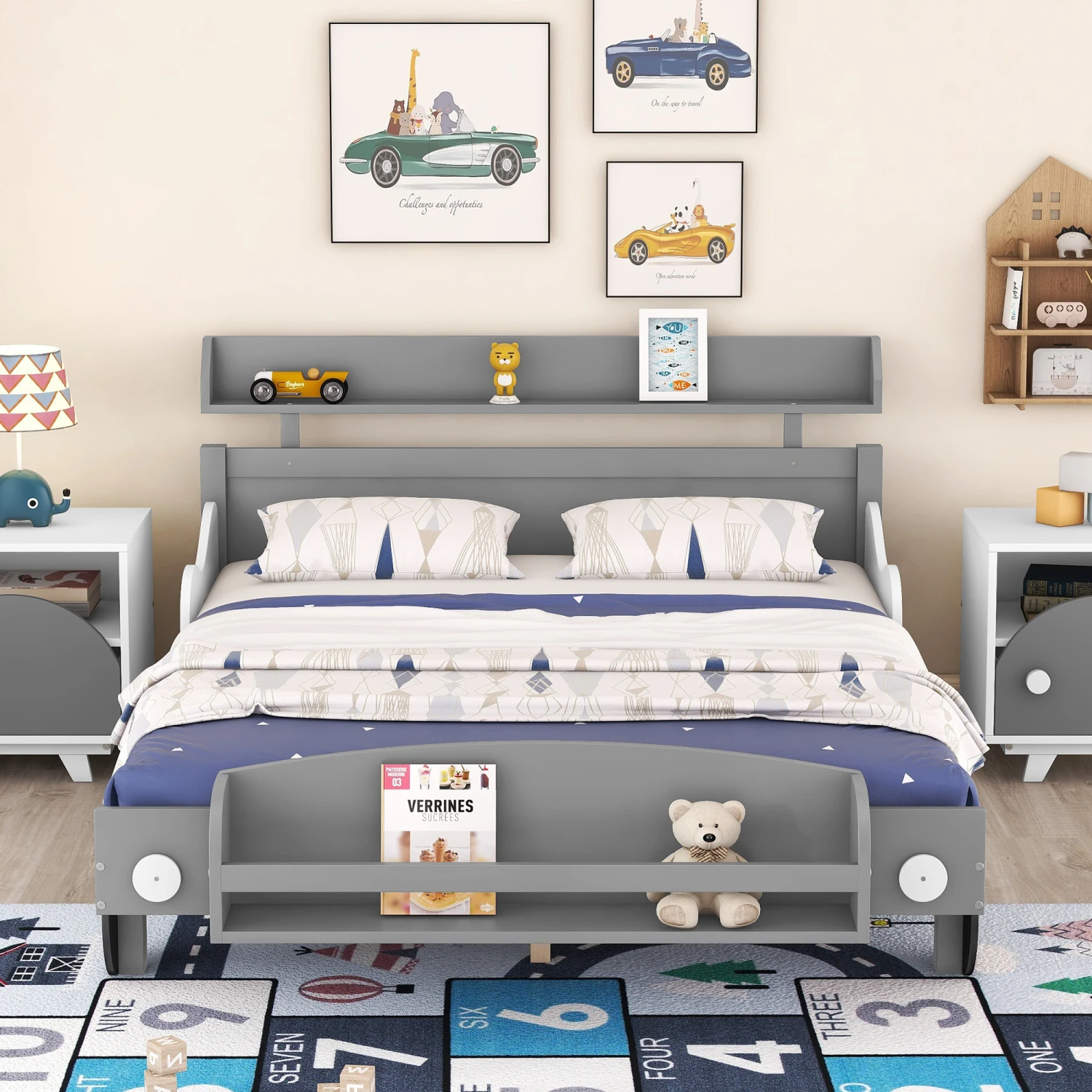 

Car-Shaped Platform Bed w/ Storage Shelf, Full Size, Gray Bedroom Furniture