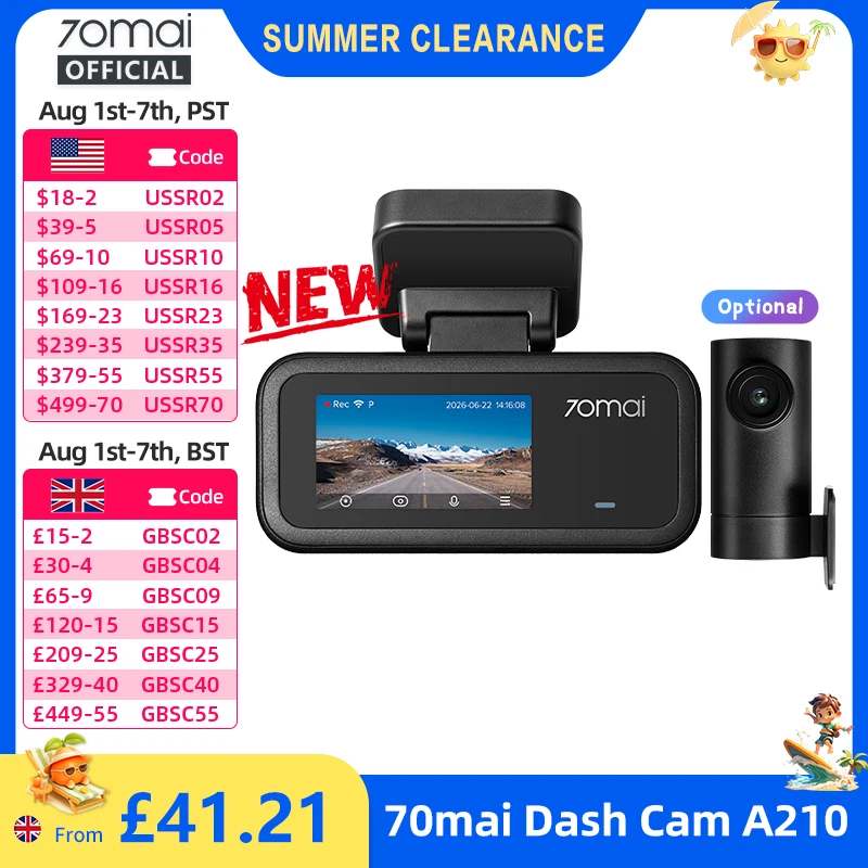 70mai A210 Dash Cam 1080P HDR with Built-in GPS and Wi-Fi 6