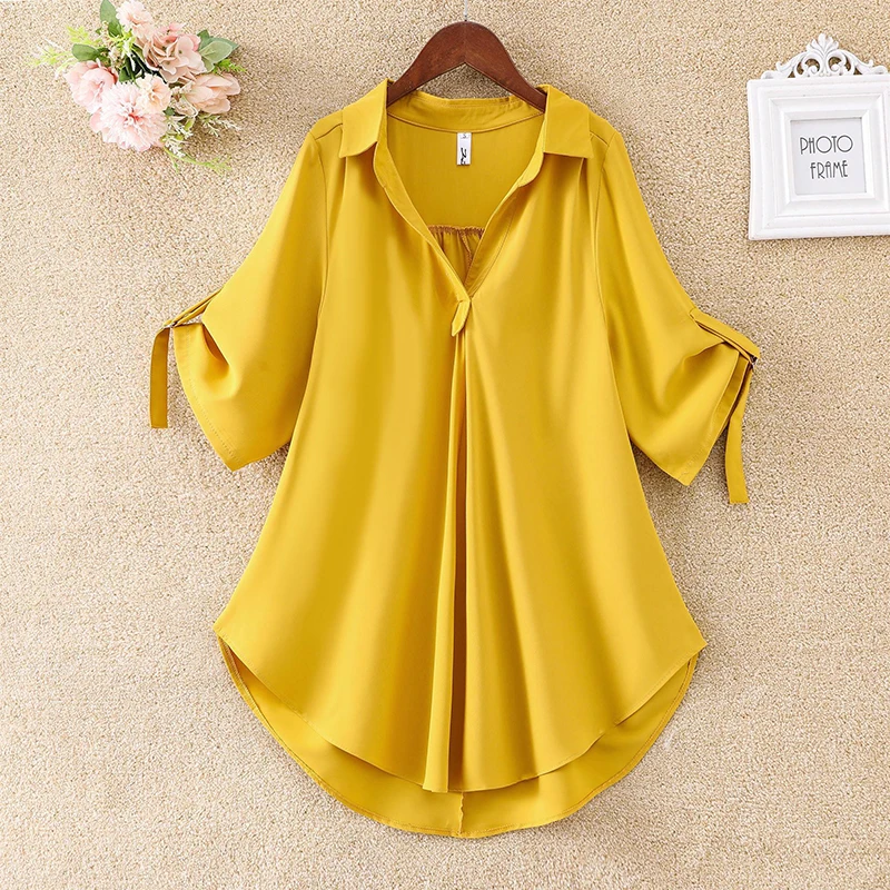 

Fashion Lapel Spliced Solid Color Folds Irregular Blouses Women's Clothing 2025 Summer New Loose Casual Tops Asymmetrical Shirts