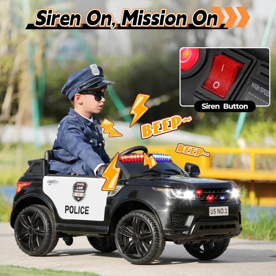 Giro in auto della polizia sull'auto elettrica per bambini per guidare i giocattoli da corsa alimentati a batteria con telecomando, sirena, illuminazione lampeggiante