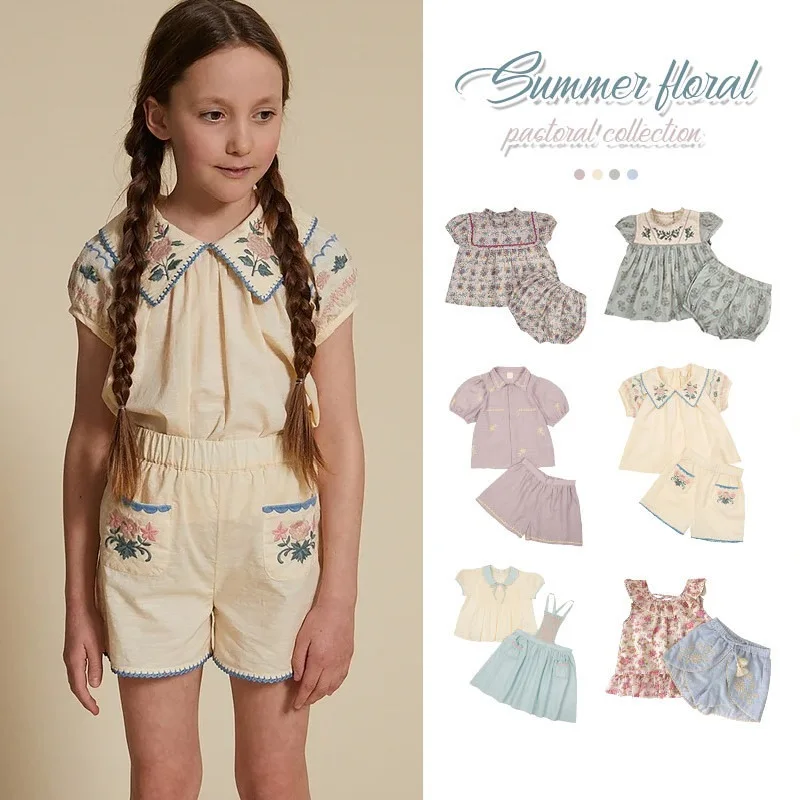 

Korean Children's Set 2024 Summer Girls Pastoral High Style Farm Style Heavy Industry Embroidered Flower Top Shorts 2PCS Set