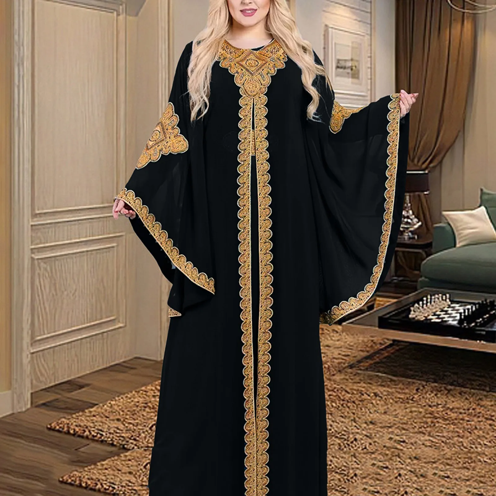 Party Dresses for Women Abaya Muslim Caftan 2 Piece Set Eid Flare Sleeves Robe Embroidered Gold Lace Dress Suit Jalabiya Ramadan