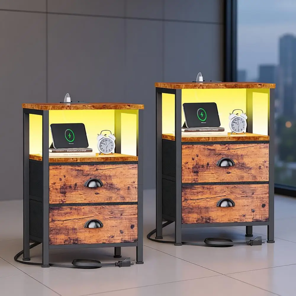 زوج من طاولات النوم البنية الريفية مع محطات شحن، وأضواء LED، وأدراج قماشية وأرفف لغرفة النوم/غرفة المعيشة #1