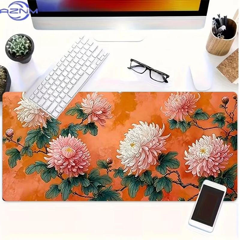 Chrysanthemum-Themed Rubber Desk Mat, Available in Various Sizes, Featuring a Bright Orange Floral Pattern, Perfect for Programm
