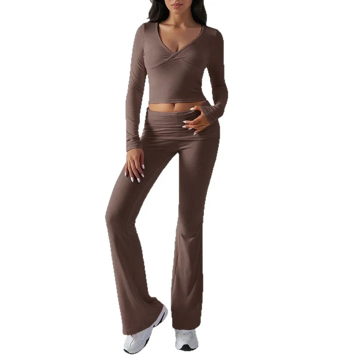 Zestaw do jogi z wysokim stanem, długie spodnie z wysokim stanem i dopasowany top z długim rękawem, szybkoschnąca odzież fitness, zestaw dwuczęściowy zapobiegający prześwitywaniu.