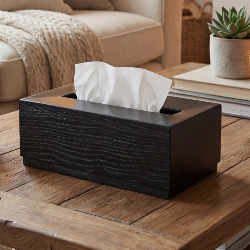 

Solid Wood Tissue Box Black Square Napkin Case Desktop Paper Storage Holder Multifunctional Practical Living Room Organization