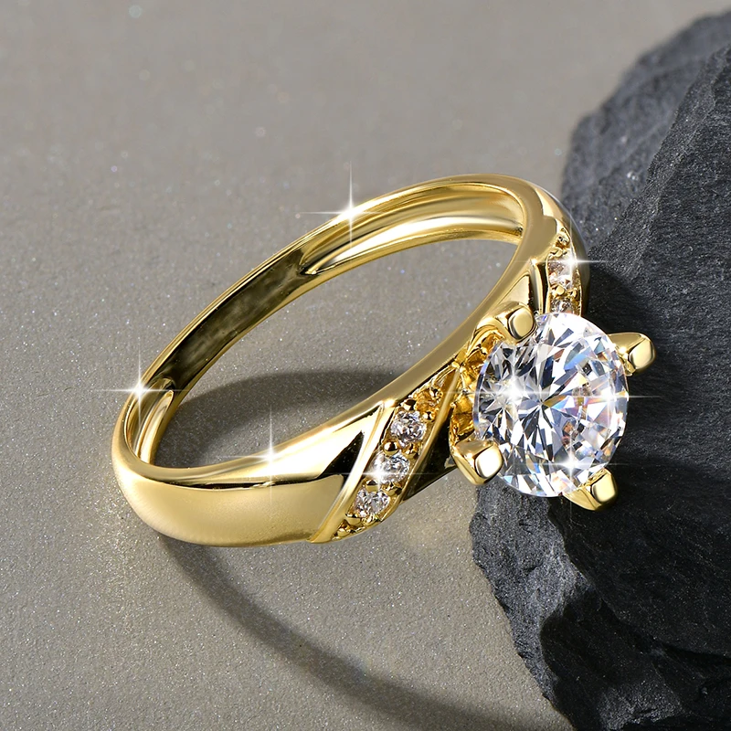 14K Vergoldeter CZ Labor-Diamant Versprechen-Ring 7mm Rundschliff Kubischer Zirkonia Hochzeits-Verlobungsringe für Frauen – Detail 3