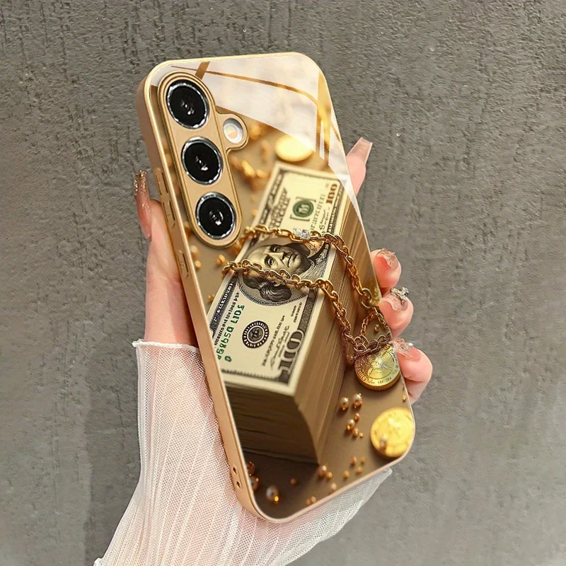 Creative gold coin chain pattern electroplated glass phone case for SamsungGalaxyS26 S25 S24 S23 S22 S20FE/Ultra/Plus anti Cover