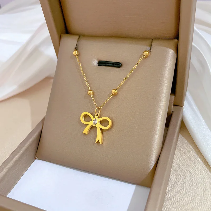 

18K Gold Plated Elegant Bowknot Bow Pendant Necklace for Women Titanium Steel Anti-tarnish Jewelry Accessories Girls Gift