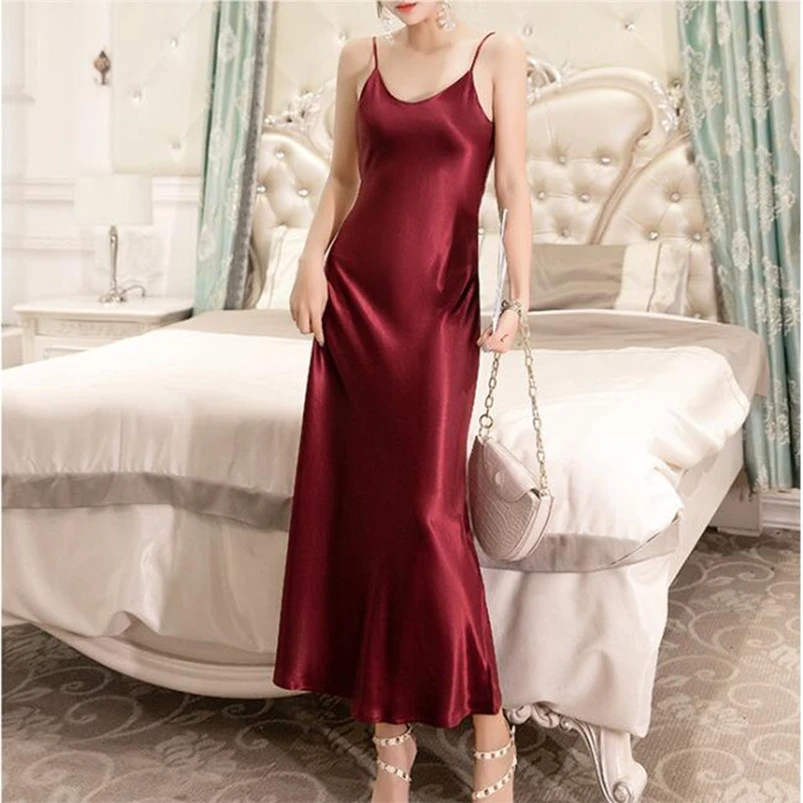 Phụ Nữ Dài Sleepdress Lụa Satin Spaghetti Dây Nhà Váy Mùa Hè 2022 Chắc Chắn Mềm Mại Thoải Mái Thoáng Khí Phong Cách Mới Vestidos