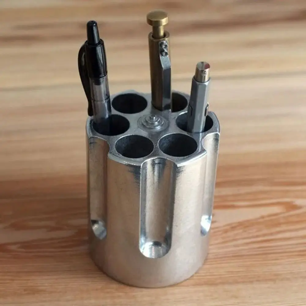 Durable Cylinder Revolver Pen Holder Non-Slip Aluminum Pencil Container Organizer Creative Desktop Ornament Office