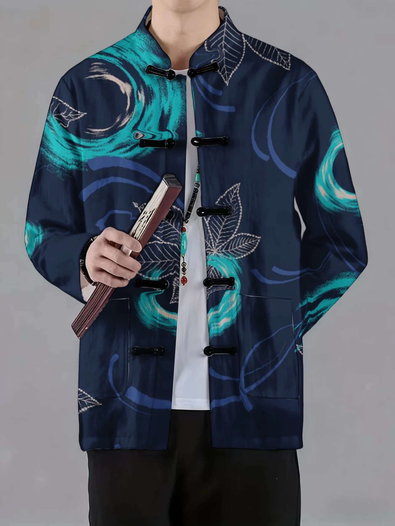 Men Mandarin Collar Frog Button Jacket Paisley Branch Cloud Abstract Art Print Traditional Outerwear