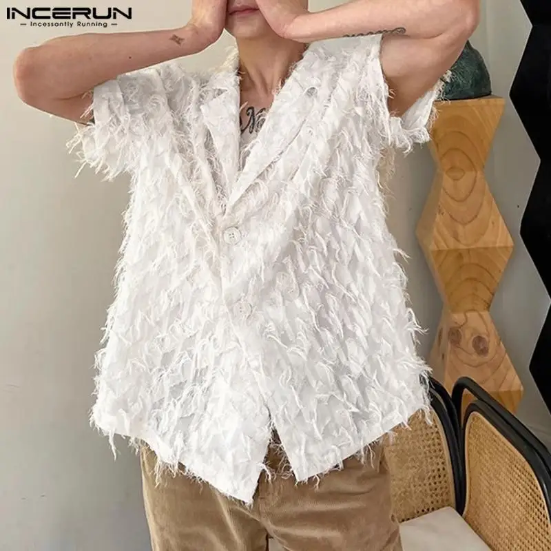 INCERUN Men\'s Shirt Tassel Patchwork Transparent Lapel Short Sleeve Men Clothing Streetwear 2024 Fashion Casual Shirts S-5XL