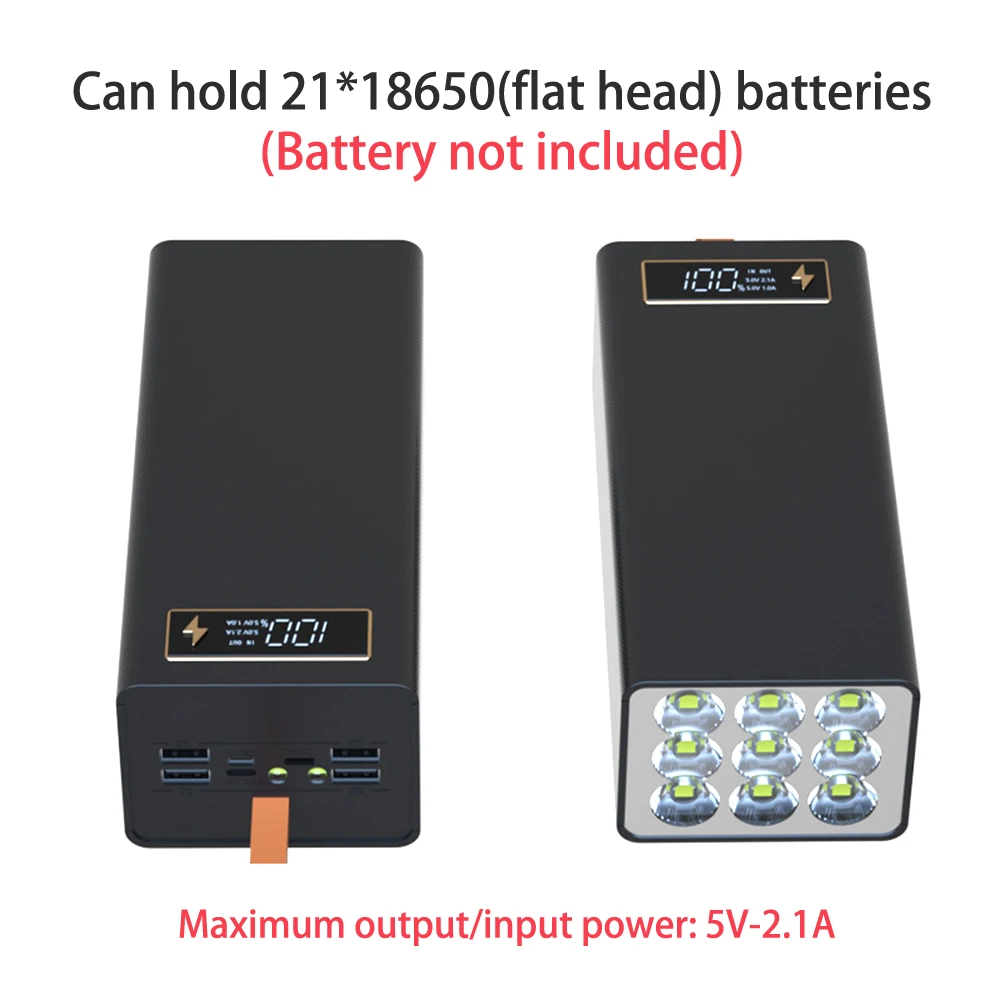 DIY 21 Slots 18650 Battery Case Power Bank Housing 5V 2A Mobile Power Supply Shell 21*18650 Battery Storage Boxes With LED Light