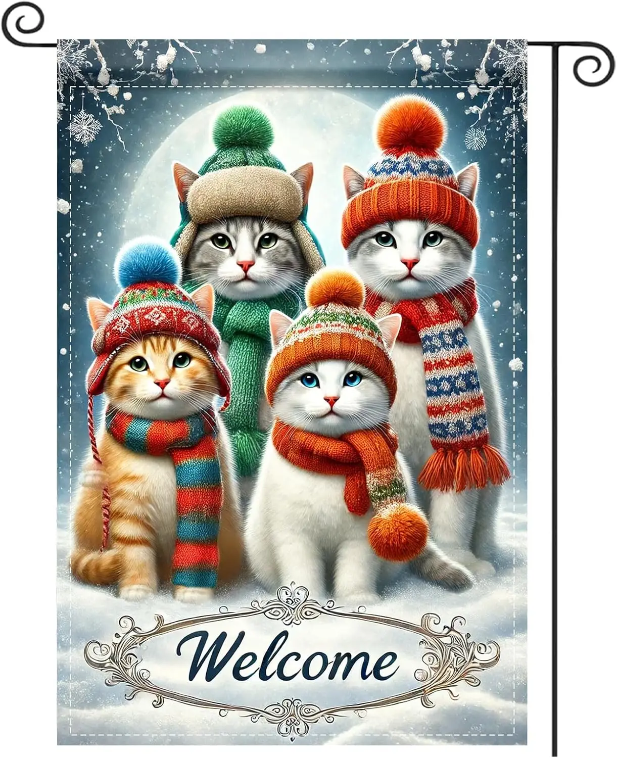 Winter Garden Flag 12x18 Inch - Winter Hat Cats “Welcome” Scene Decorative Flag - Double - Sided Polyester, Fade Resistant f jjp