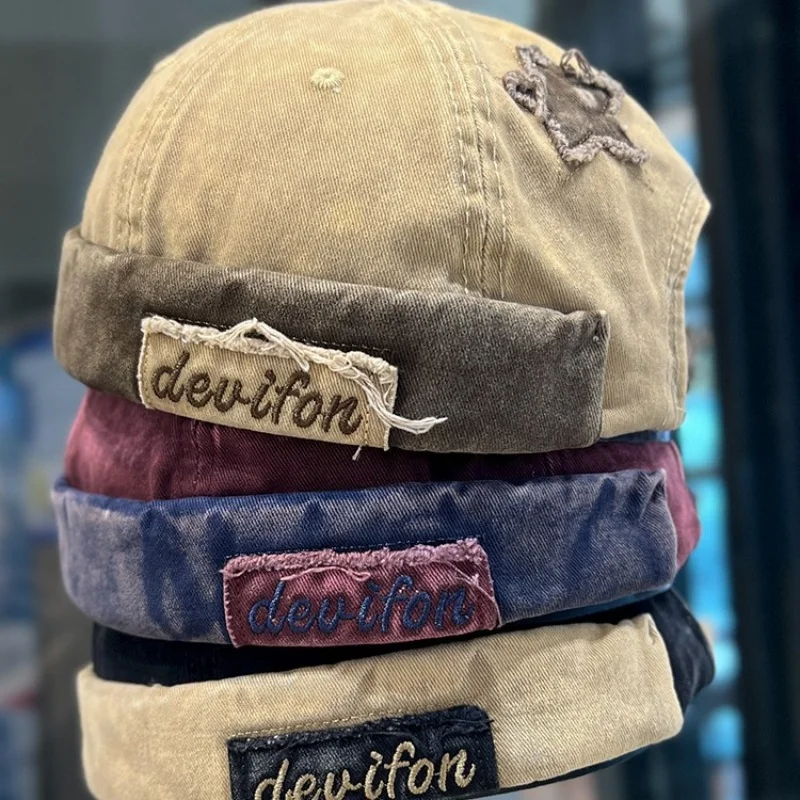1PC Retro Washed Color Docker Cap Without Visor Star Splicing Brimless Caps Letter Adjustable Beanie Hat Vintage Style Hip Hop