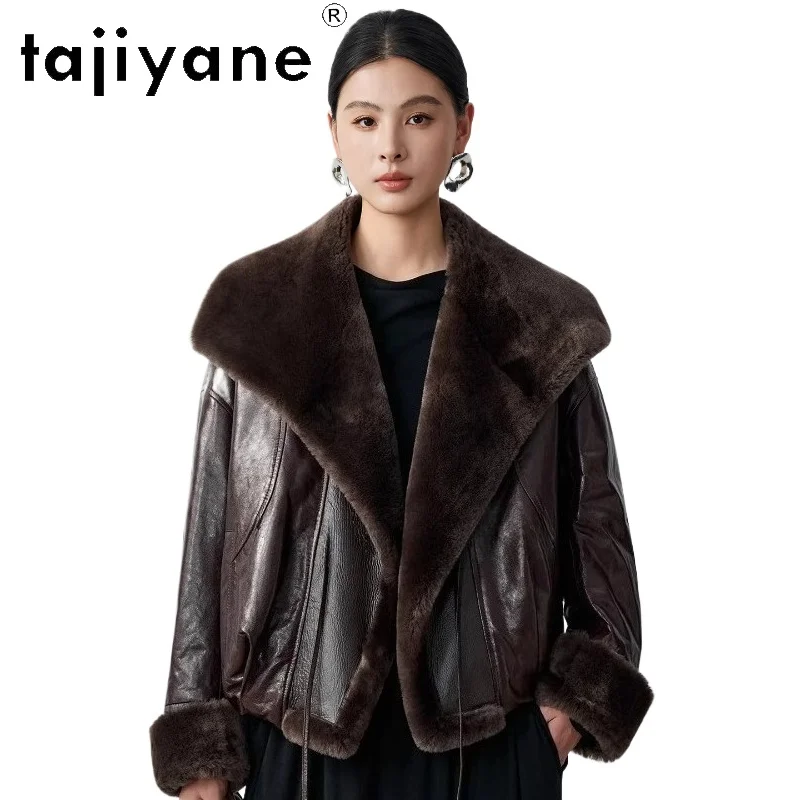 TAJIYANE Natural Sheepskin Goose Down Coat Woman Short Real leather Puffer Jacket with Wool Collar 2025 Winter Clothes дубленка