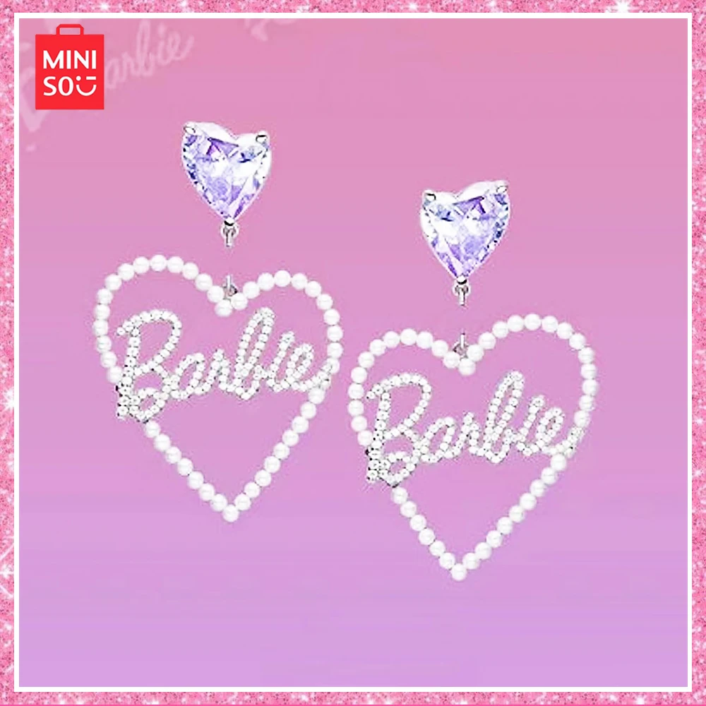 Miniso New Barbie Y2K Pearls Diamond-Studded Sparkling Ins Heart-Shaped Earrings 925 Terling Silver Needle Birthday Gifts Girls